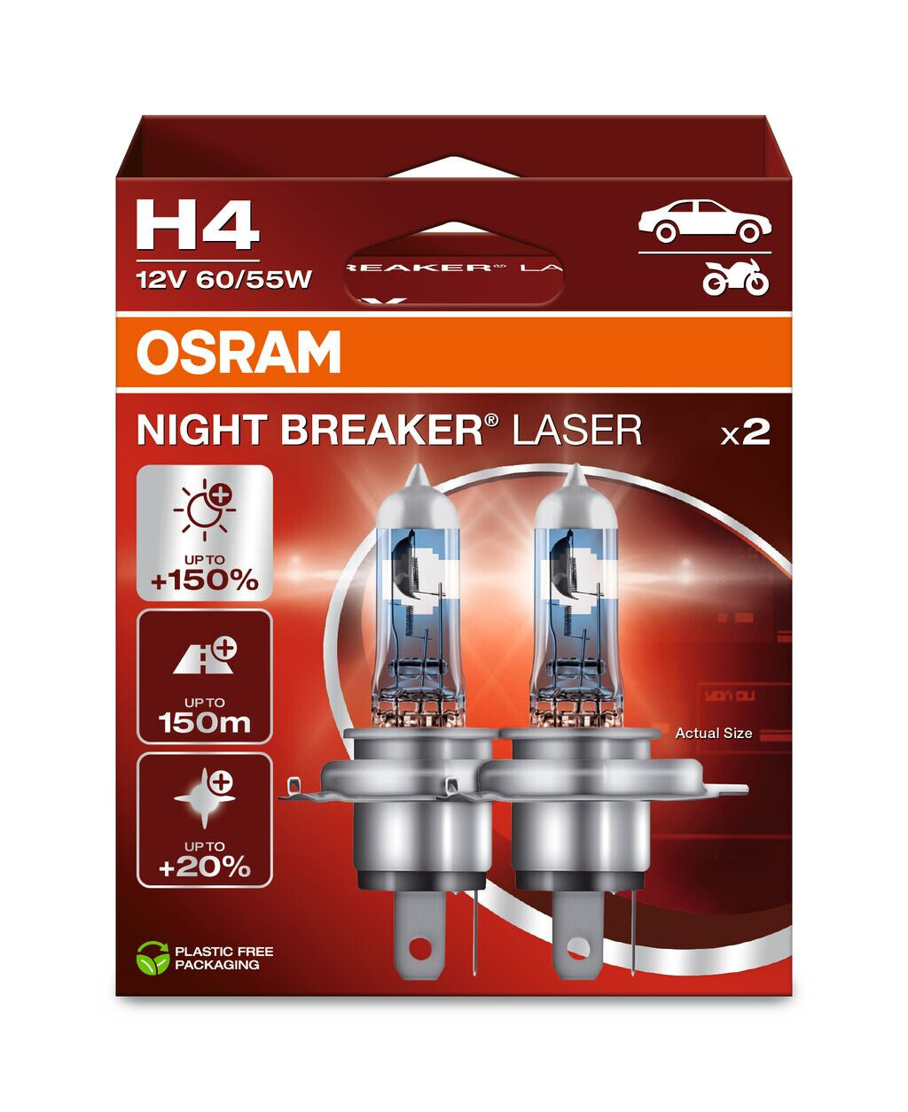 2 St. OSRAM H4 NIGHT BREAKER® LASER +150% mehr Helligkeit 12V 60/55W P43t Halogen