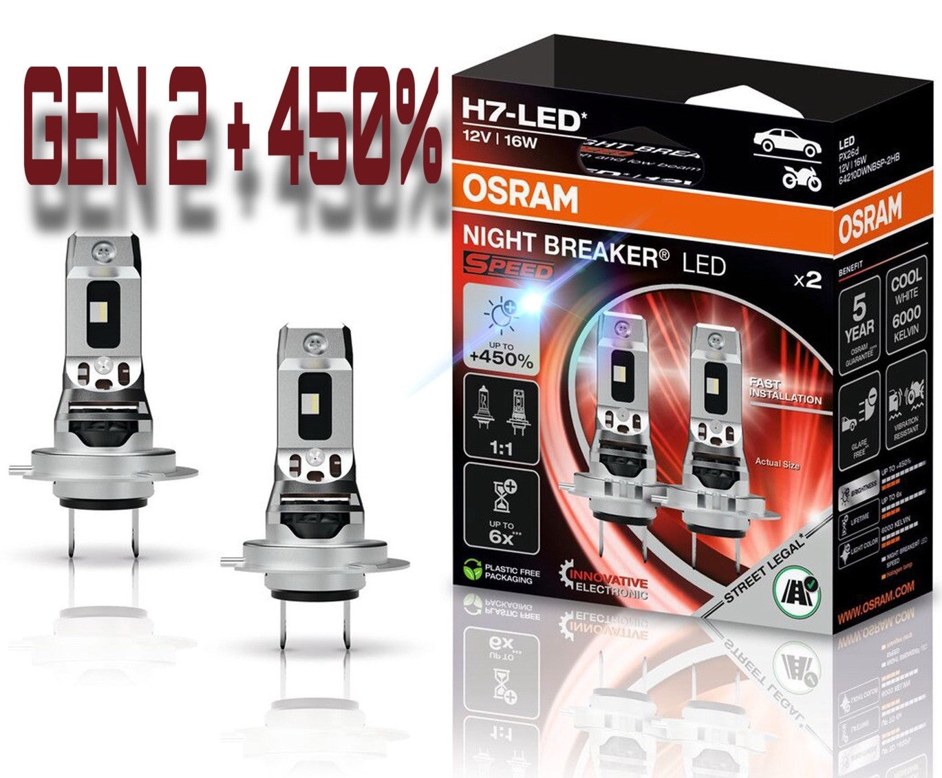 2St. OSRAM H7 LED Speed NextGen.2  NIGHT BREAKER up to 450 PROZENT StVZO-Konform